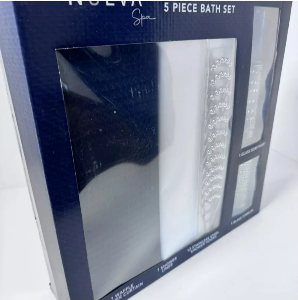Nueva Spa 5 Piece Bath Set Meriden Navy. Hooks, Liner, Soap Pump, Tumble…